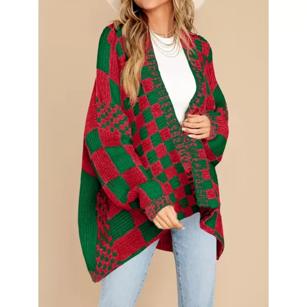 imageSaodimallsu Womens Checkered Sweater Color Block Plaid Cardigans Oversized Long Sleeve Knit Open Front CoatsRedgreen