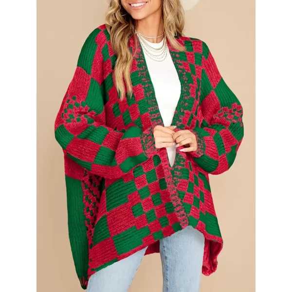 imageSaodimallsu Womens Checkered Sweater Color Block Plaid Cardigans Oversized Long Sleeve Knit Open Front CoatsRedgreen