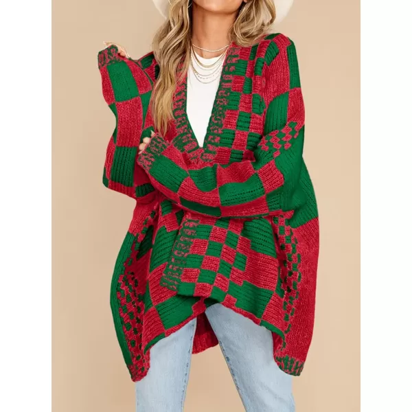 imageSaodimallsu Womens Checkered Sweater Color Block Plaid Cardigans Oversized Long Sleeve Knit Open Front CoatsRedgreen