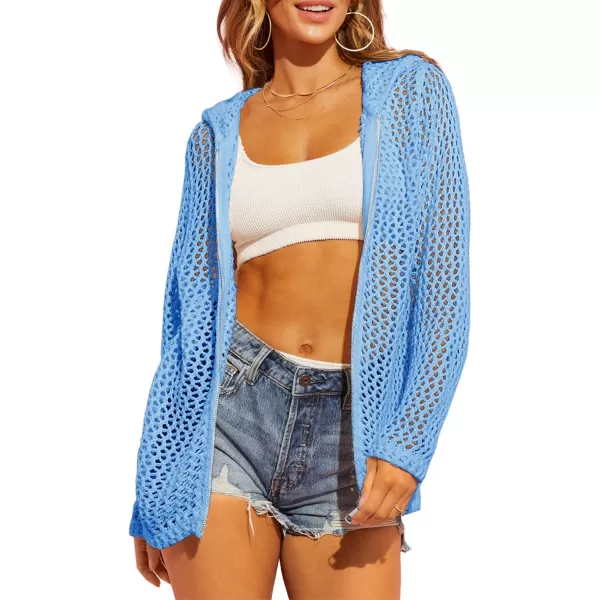 imageSaodimallsu Womens Crochet Lightweight Cardigans Zip Up Hooded Long Sleeve Knit Sweaters Mesh Beach Swim Cover UpBlue