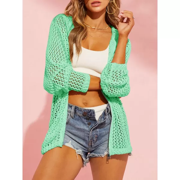 imageSaodimallsu Womens Crochet Lightweight Cardigans Zip Up Hooded Long Sleeve Knit Sweaters Mesh Beach Swim Cover UpMint Green