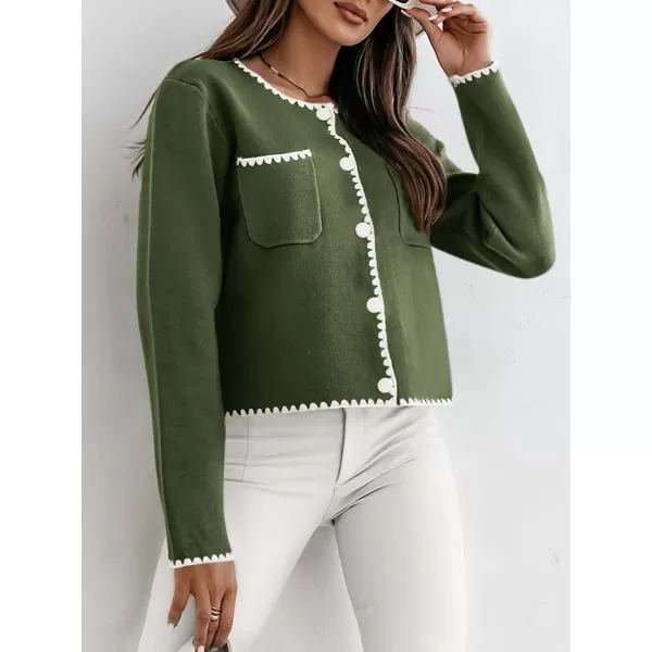 imageSaodimallsu Womens Cropped Cardigan Sweaters Crewneck Long Sleeve Button Down Knit Open Front Jacket with PocketArmy Green