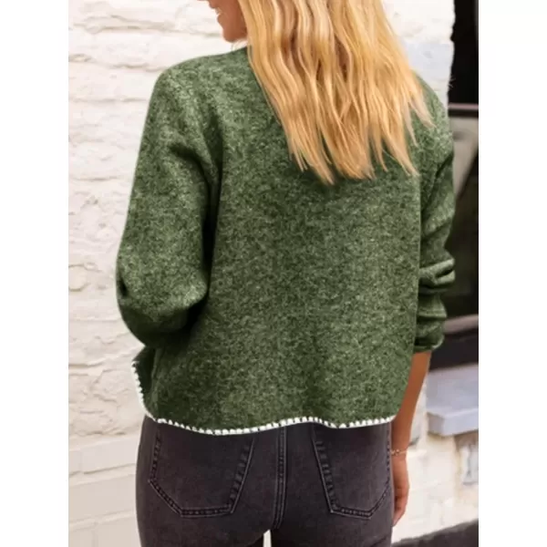 imageSaodimallsu Womens Cropped Cardigan Sweaters Crewneck Long Sleeve Button Down Knit Open Front Jacket with PocketArmy Green