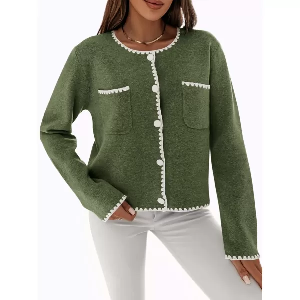 imageSaodimallsu Womens Cropped Cardigan Sweaters Crewneck Long Sleeve Button Down Knit Open Front Jacket with PocketArmy Green