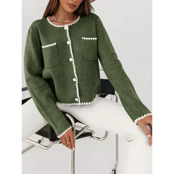 imageSaodimallsu Womens Cropped Cardigan Sweaters Crewneck Long Sleeve Button Down Knit Open Front Jacket with PocketArmy Green