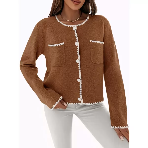 imageSaodimallsu Womens Cropped Cardigan Sweaters Crewneck Long Sleeve Button Down Knit Open Front Jacket with PocketBrown