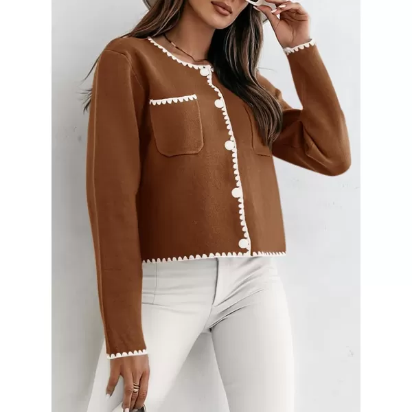 imageSaodimallsu Womens Cropped Cardigan Sweaters Crewneck Long Sleeve Button Down Knit Open Front Jacket with PocketBrown