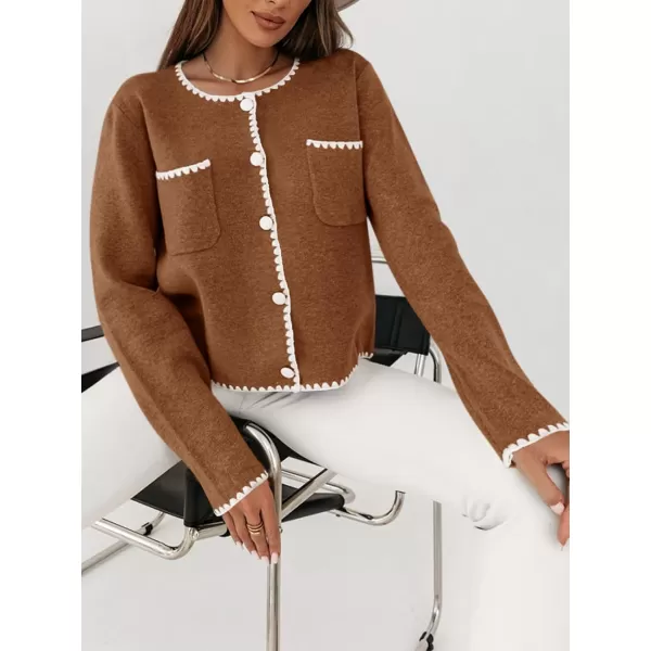 imageSaodimallsu Womens Cropped Cardigan Sweaters Crewneck Long Sleeve Button Down Knit Open Front Jacket with PocketBrown