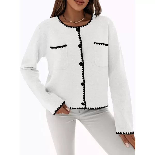 imageSaodimallsu Womens Cropped Cardigan Sweaters Crewneck Long Sleeve Button Down Knit Open Front Jacket with PocketWhite