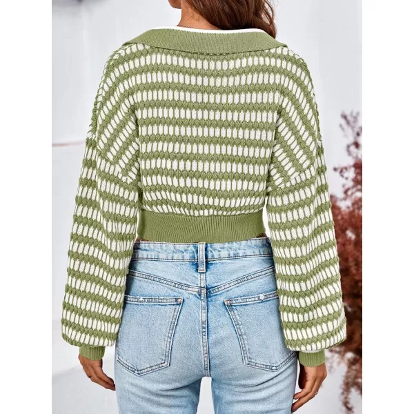 imageSaodimallsu Womens Cropped Striped Sweater V Neck Sexy Knit Collared Long Puff Sleeve Cotton Pullover TopGreen