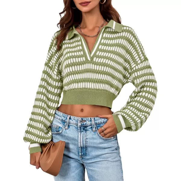 imageSaodimallsu Womens Cropped Striped Sweater V Neck Sexy Knit Collared Long Puff Sleeve Cotton Pullover TopGreen