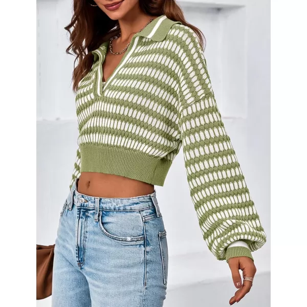 imageSaodimallsu Womens Cropped Striped Sweater V Neck Sexy Knit Collared Long Puff Sleeve Cotton Pullover TopGreen