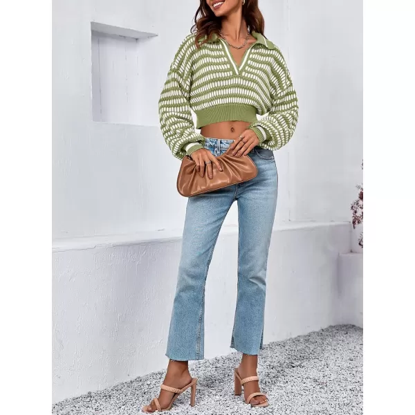 imageSaodimallsu Womens Cropped Striped Sweater V Neck Sexy Knit Collared Long Puff Sleeve Cotton Pullover TopGreen