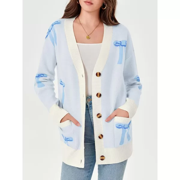 imageSaodimallsu Womens Oversized Cardigan Sweaters Bow Printed Button V Neck Long Sleeve Loose Knit Fall Trendy CoatsLight Blue