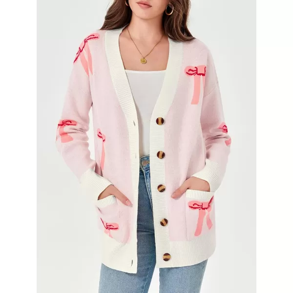 imageSaodimallsu Womens Oversized Cardigan Sweaters Bow Printed Button V Neck Long Sleeve Loose Knit Fall Trendy CoatsPink