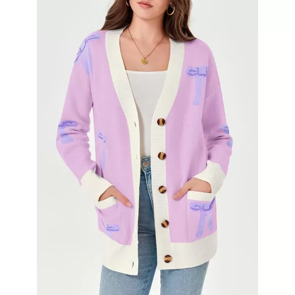 imageSaodimallsu Womens Oversized Cardigan Sweaters Bow Printed Button V Neck Long Sleeve Loose Knit Fall Trendy CoatsPink Purple