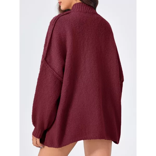 imageSaodimallsu Womens Oversized Cardigans Long Lantern Sleeve Button Down Chunky Knit Loose Fall Sweater CoatsWine Red