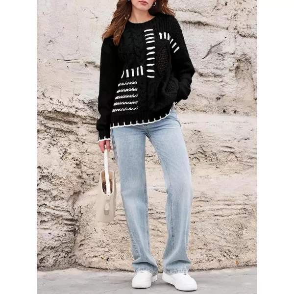 imageSaodimallsu Womens Oversized Sweater Crew Neck Long Sleeve Cable Knit Fall Loose Casual Color Block Pullover TopBlack