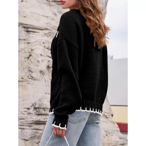 imageSaodimallsu Womens Oversized Sweater Crew Neck Long Sleeve Cable Knit Fall Loose Casual Color Block Pullover TopBlack