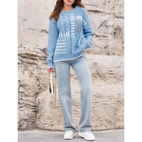 imageSaodimallsu Womens Oversized Sweater Crew Neck Long Sleeve Cable Knit Fall Loose Casual Color Block Pullover TopBlue