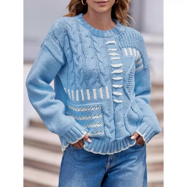 imageSaodimallsu Womens Oversized Sweater Crew Neck Long Sleeve Cable Knit Fall Loose Casual Color Block Pullover TopBlue