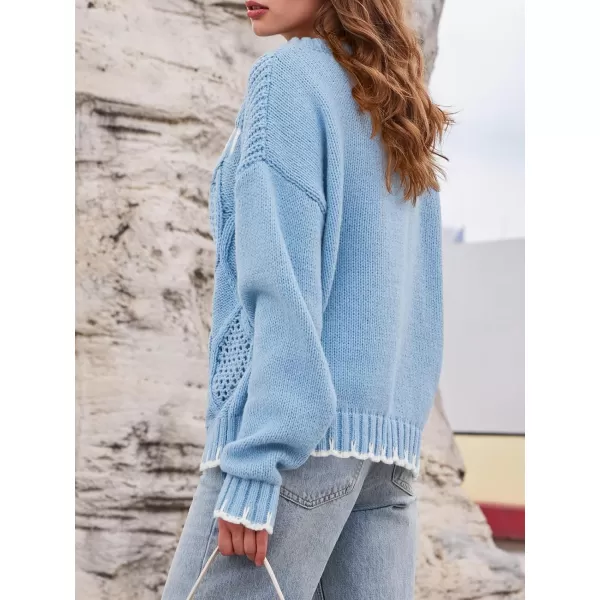 imageSaodimallsu Womens Oversized Sweater Crew Neck Long Sleeve Cable Knit Fall Loose Casual Color Block Pullover TopBlue