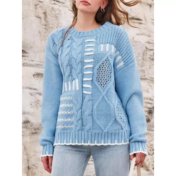 imageSaodimallsu Womens Oversized Sweater Crew Neck Long Sleeve Cable Knit Fall Loose Casual Color Block Pullover TopBlue