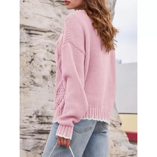 imageSaodimallsu Womens Oversized Sweater Crew Neck Long Sleeve Cable Knit Fall Loose Casual Color Block Pullover TopPink