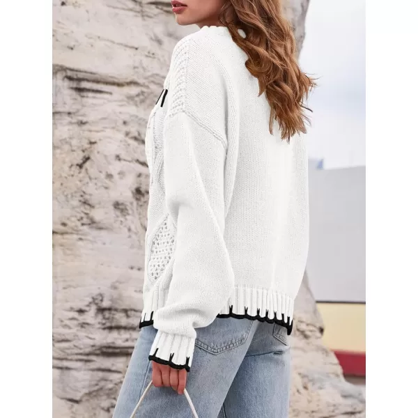 imageSaodimallsu Womens Oversized Sweater Crew Neck Long Sleeve Cable Knit Fall Loose Casual Color Block Pullover TopWhite