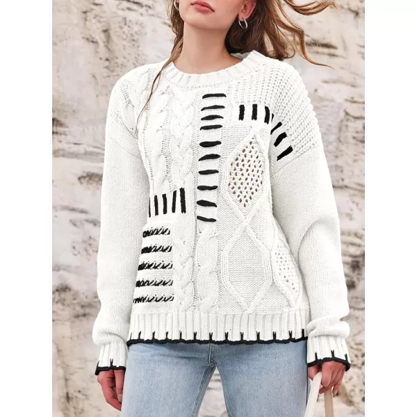 imageSaodimallsu Womens Oversized Sweater Crew Neck Long Sleeve Cable Knit Fall Loose Casual Color Block Pullover TopWhite