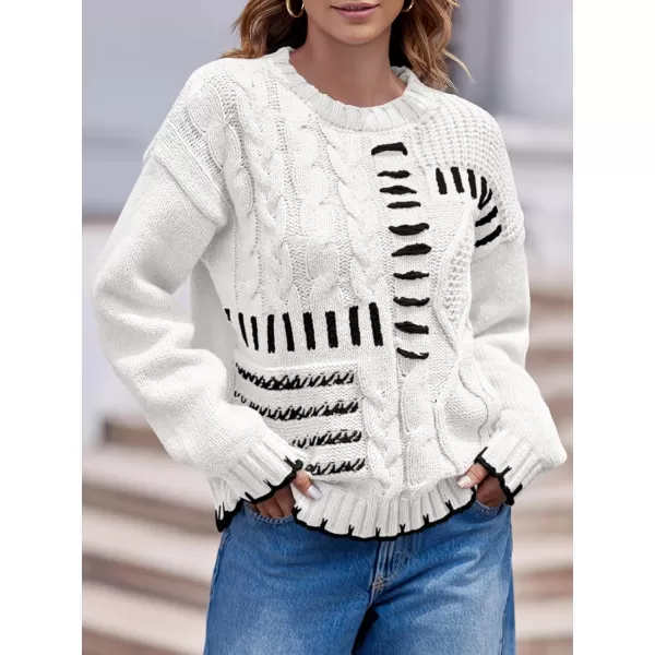 imageSaodimallsu Womens Oversized Sweater Crew Neck Long Sleeve Cable Knit Fall Loose Casual Color Block Pullover TopWhite