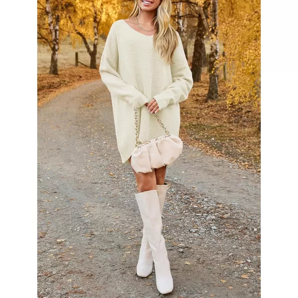 imageSaodimallsu Womens Oversized Sweater Dress Fall V Neck Long Sleeve Ribbed Knit Casual Loose Mini Pullover DressesBeige