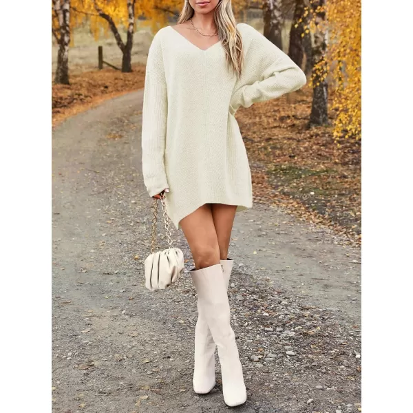 imageSaodimallsu Womens Oversized Sweater Dress Fall V Neck Long Sleeve Ribbed Knit Casual Loose Mini Pullover DressesBeige