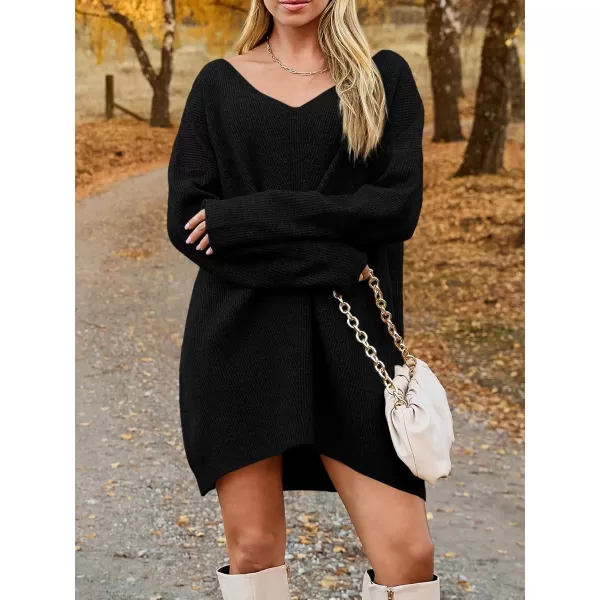 imageSaodimallsu Womens Oversized Sweater Dress Fall V Neck Long Sleeve Ribbed Knit Casual Loose Mini Pullover DressesBlack