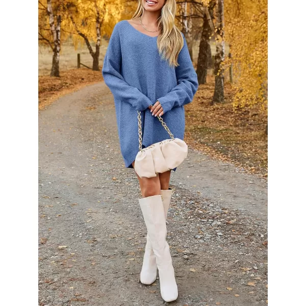 imageSaodimallsu Womens Oversized Sweater Dress Fall V Neck Long Sleeve Ribbed Knit Casual Loose Mini Pullover DressesBlue