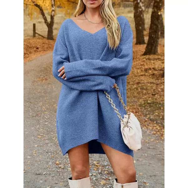 imageSaodimallsu Womens Oversized Sweater Dress Fall V Neck Long Sleeve Ribbed Knit Casual Loose Mini Pullover DressesBlue