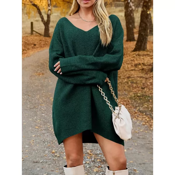 imageSaodimallsu Womens Oversized Sweater Dress Fall V Neck Long Sleeve Ribbed Knit Casual Loose Mini Pullover DressesDark Green