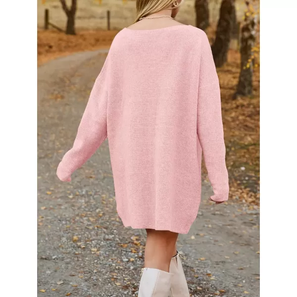 imageSaodimallsu Womens Oversized Sweater Dress Fall V Neck Long Sleeve Ribbed Knit Casual Loose Mini Pullover DressesPink