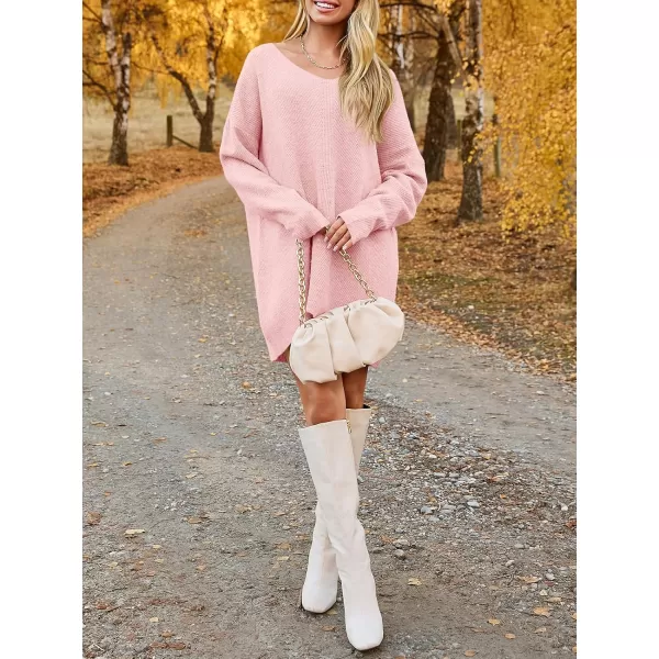 imageSaodimallsu Womens Oversized Sweater Dress Fall V Neck Long Sleeve Ribbed Knit Casual Loose Mini Pullover DressesPink