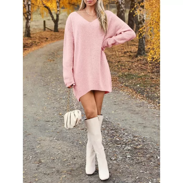 imageSaodimallsu Womens Oversized Sweater Dress Fall V Neck Long Sleeve Ribbed Knit Casual Loose Mini Pullover DressesPink