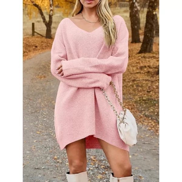 imageSaodimallsu Womens Oversized Sweater Dress Fall V Neck Long Sleeve Ribbed Knit Casual Loose Mini Pullover DressesPink