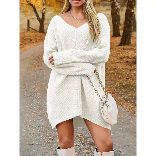 imageSaodimallsu Womens Oversized Sweater Dress Fall V Neck Long Sleeve Ribbed Knit Casual Loose Mini Pullover DressesWhite