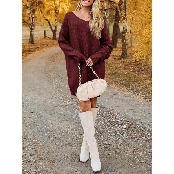 imageSaodimallsu Womens Oversized Sweater Dress Fall V Neck Long Sleeve Ribbed Knit Casual Loose Mini Pullover DressesWine Red