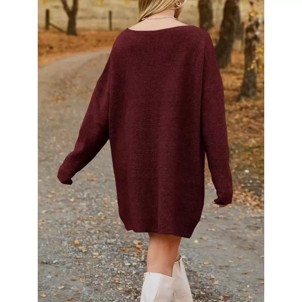 imageSaodimallsu Womens Oversized Sweater Dress Fall V Neck Long Sleeve Ribbed Knit Casual Loose Mini Pullover DressesWine Red