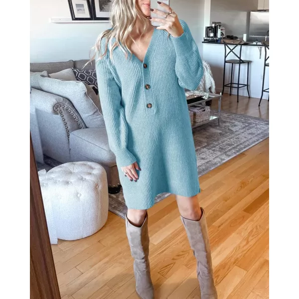 imageSaodimallsu Womens Oversized Sweater Dress Sexy V Neck Long Sleeve Button Down Ribbed Knitted Winter Sweater DressesSky Blue