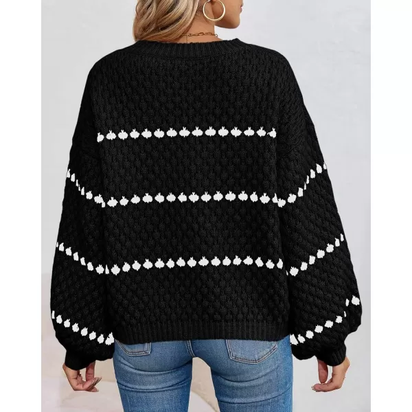 imageSaodimallsu Womens Oversized Sweaters Striped Long Lantern Sleeve Crew Neck Fall Trendy Knit Pullover SweaterBlack