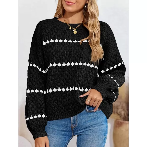 imageSaodimallsu Womens Oversized Sweaters Striped Long Lantern Sleeve Crew Neck Fall Trendy Knit Pullover SweaterBlack