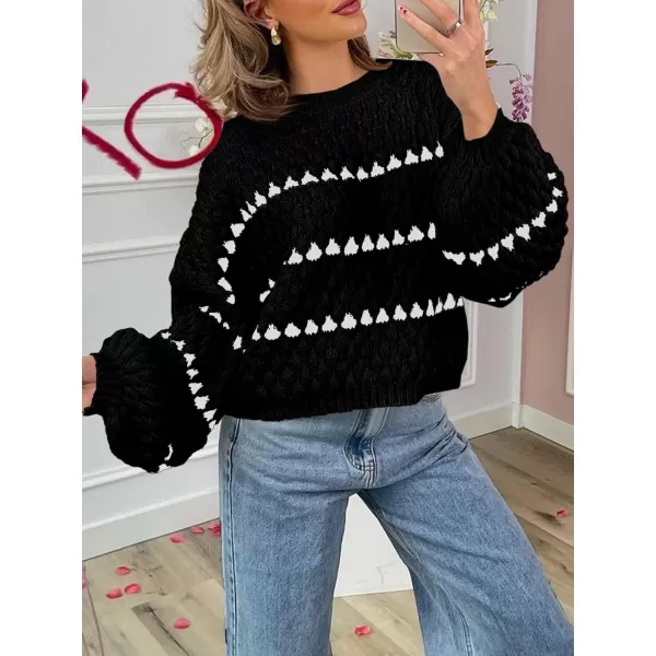 imageSaodimallsu Womens Oversized Sweaters Striped Long Lantern Sleeve Crew Neck Fall Trendy Knit Pullover SweaterBlack