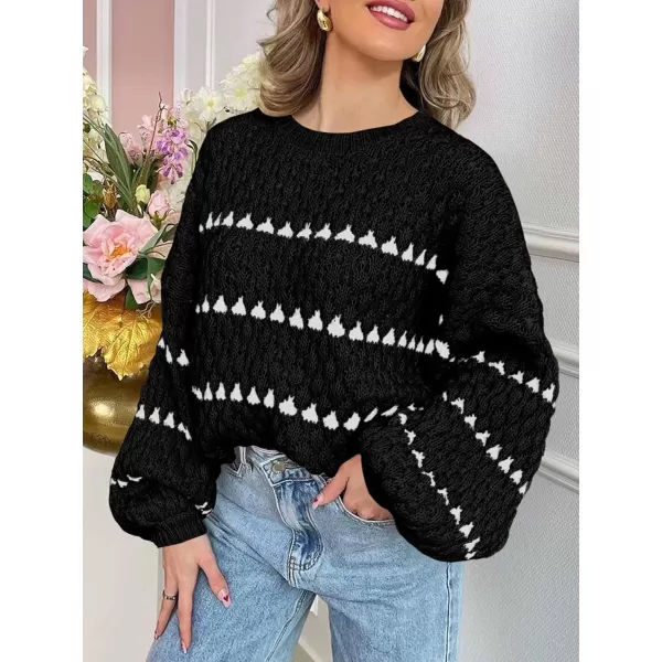 imageSaodimallsu Womens Oversized Sweaters Striped Long Lantern Sleeve Crew Neck Fall Trendy Knit Pullover SweaterBlack