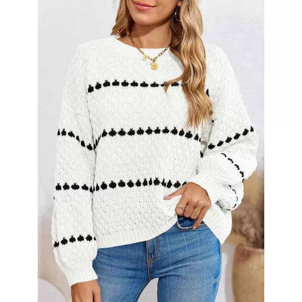 imageSaodimallsu Womens Oversized Sweaters Striped Long Lantern Sleeve Crew Neck Fall Trendy Knit Pullover SweaterWhite